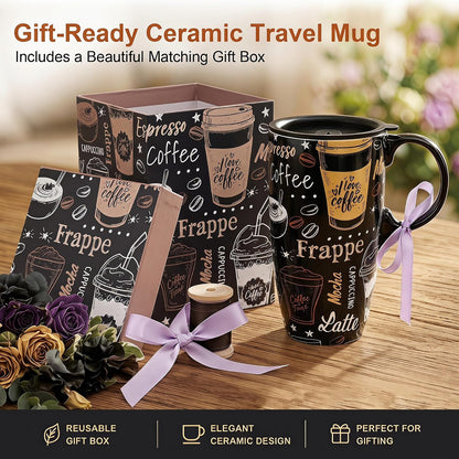17oz Ceramic Travel Mug with Lid, Boho Floral Coffee Mug | Large Ceramic Coffee Mug • Terracotta Botanical Design • Comfortable Handle • Microwave & Dishwasher Safe • Gift Box
