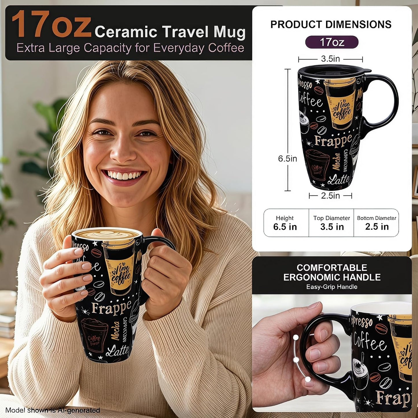17oz Ceramic Travel Mug with Lid, Boho Floral Coffee Mug | Large Ceramic Coffee Mug • Terracotta Botanical Design • Comfortable Handle • Microwave & Dishwasher Safe • Gift Box