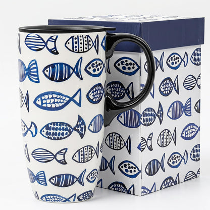 17oz Ceramic Travel Mug with Lid, Boho Floral Coffee Mug | Large Ceramic Coffee Mug • Terracotta Botanical Design • Comfortable Handle • Microwave & Dishwasher Safe • Gift Box