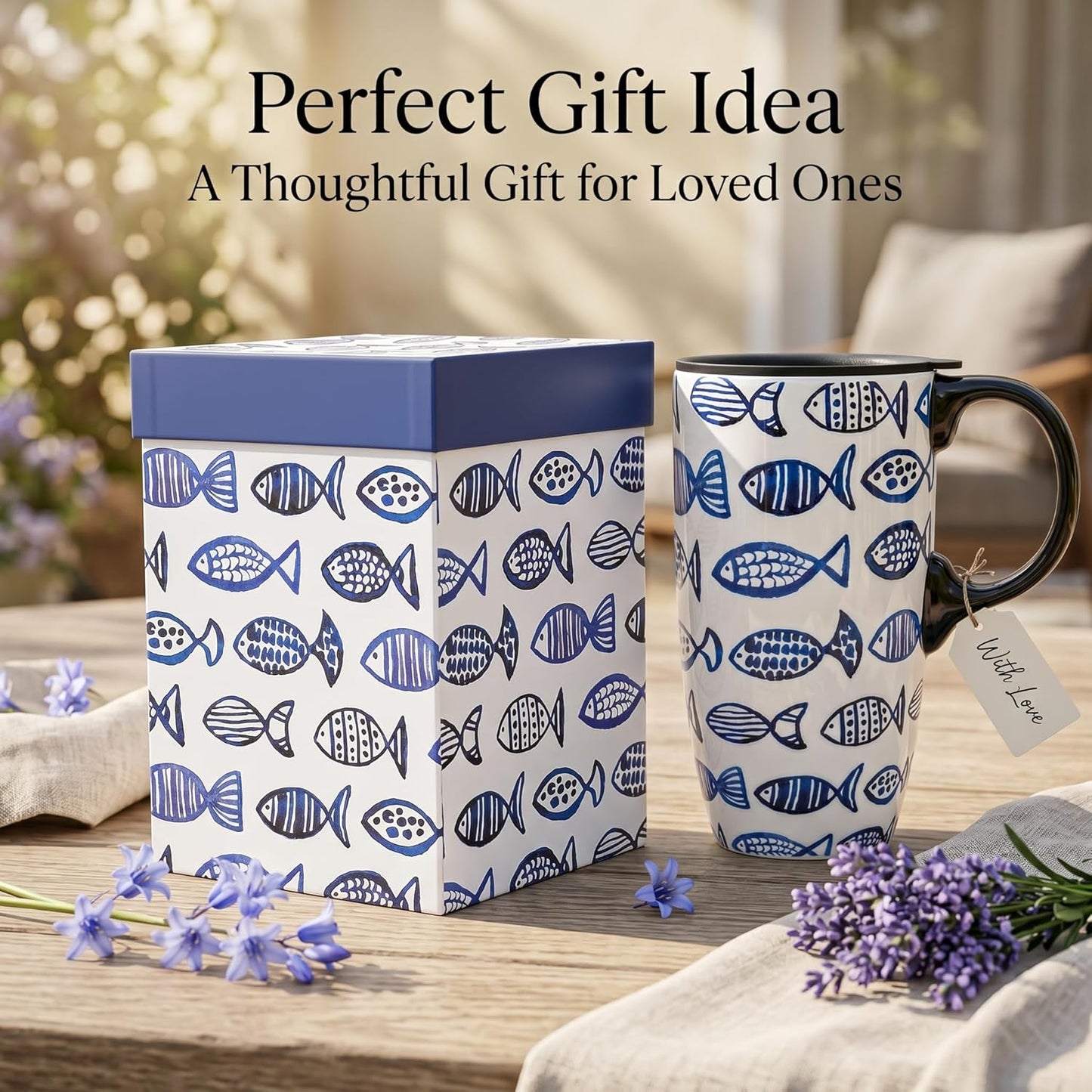 17oz Ceramic Travel Mug with Lid, Boho Floral Coffee Mug | Large Ceramic Coffee Mug • Terracotta Botanical Design • Comfortable Handle • Microwave & Dishwasher Safe • Gift Box