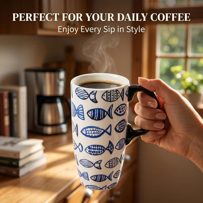 17oz Ceramic Travel Mug with Lid, Boho Floral Coffee Mug | Large Ceramic Coffee Mug • Terracotta Botanical Design • Comfortable Handle • Microwave & Dishwasher Safe • Gift Box