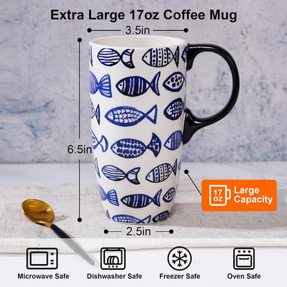 17oz Ceramic Travel Mug with Lid, Boho Floral Coffee Mug | Large Ceramic Coffee Mug • Terracotta Botanical Design • Comfortable Handle • Microwave & Dishwasher Safe • Gift Box