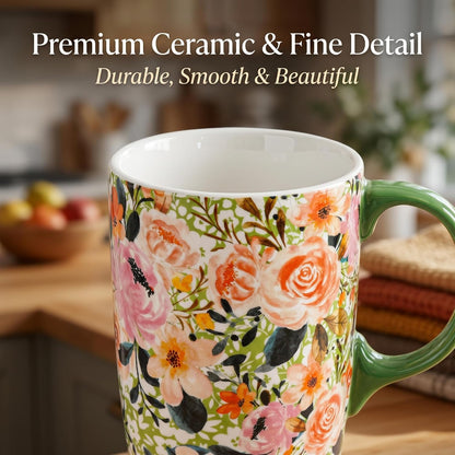 17oz Ceramic Travel Mug with Lid, Boho Floral Coffee Mug | Large Ceramic Coffee Mug • Terracotta Botanical Design • Comfortable Handle • Microwave & Dishwasher Safe • Gift Box