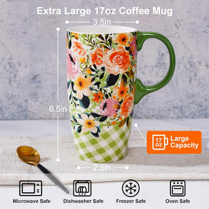 17oz Ceramic Travel Mug with Lid, Boho Floral Coffee Mug | Large Ceramic Coffee Mug • Terracotta Botanical Design • Comfortable Handle • Microwave & Dishwasher Safe • Gift Box