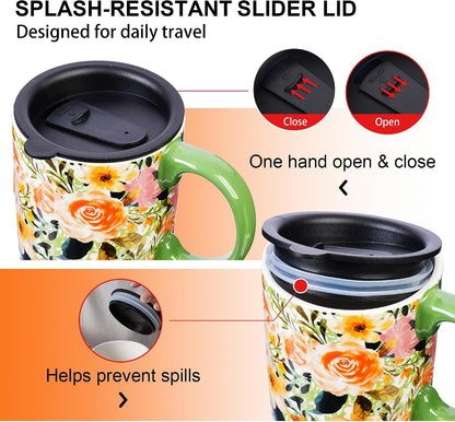 17oz Ceramic Travel Mug with Lid, Boho Floral Coffee Mug | Large Ceramic Coffee Mug • Terracotta Botanical Design • Comfortable Handle • Microwave & Dishwasher Safe • Gift Box