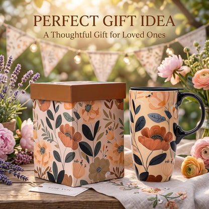 17oz Ceramic Travel Mug with Lid, Boho Floral Coffee Mug | Large Ceramic Coffee Mug • Terracotta Botanical Design • Comfortable Handle • Microwave & Dishwasher Safe • Gift Box