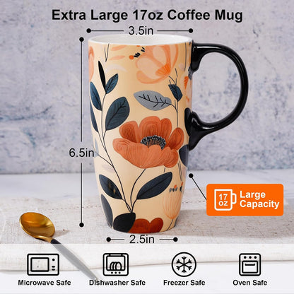 17oz Ceramic Travel Mug with Lid, Boho Floral Coffee Mug | Large Ceramic Coffee Mug • Terracotta Botanical Design • Comfortable Handle • Microwave & Dishwasher Safe • Gift Box