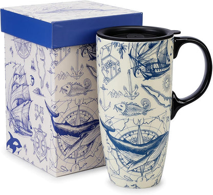 17oz Ceramic Travel Mug with Lid, Boho Floral Coffee Mug | Large Ceramic Coffee Mug • Terracotta Botanical Design • Comfortable Handle • Microwave & Dishwasher Safe • Gift Box