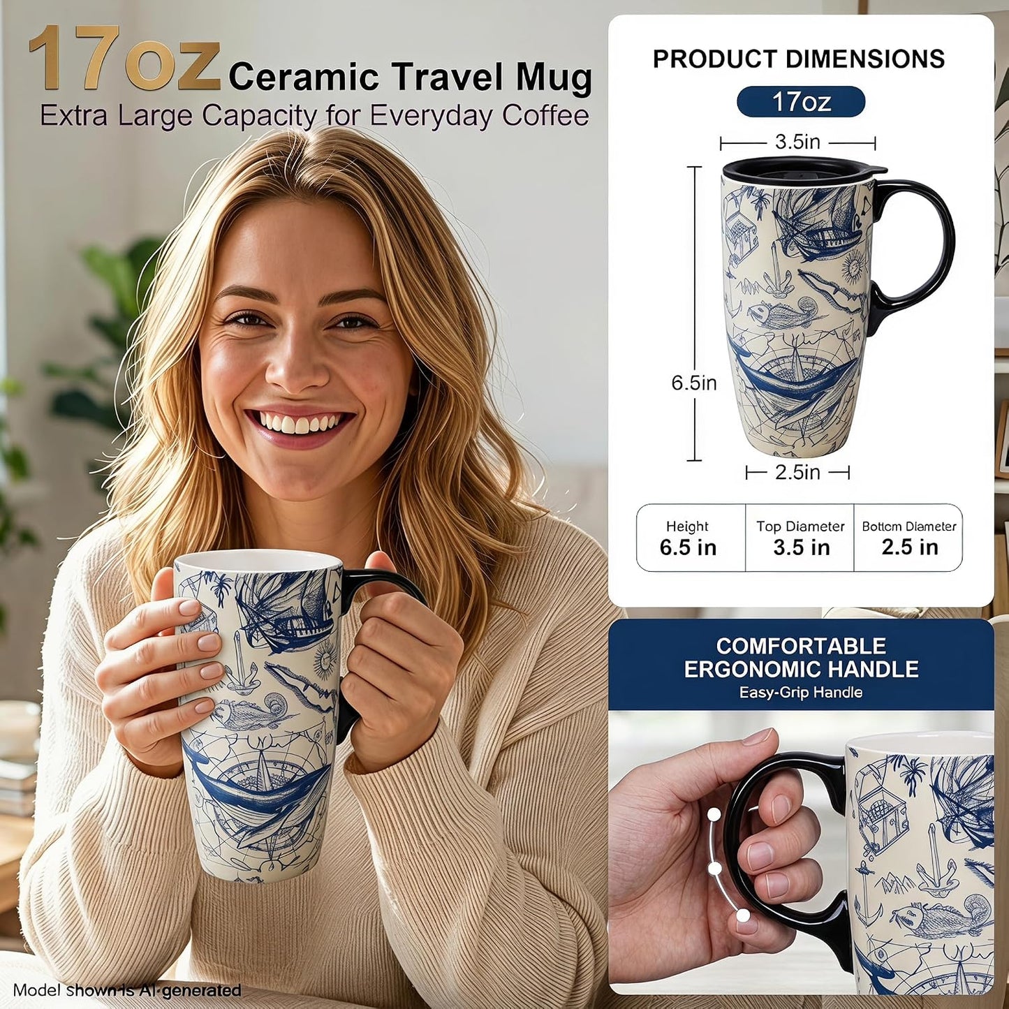 17oz Ceramic Travel Mug with Lid, Boho Floral Coffee Mug | Large Ceramic Coffee Mug • Terracotta Botanical Design • Comfortable Handle • Microwave & Dishwasher Safe • Gift Box