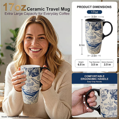 17oz Ceramic Travel Mug with Lid, Boho Floral Coffee Mug | Large Ceramic Coffee Mug • Terracotta Botanical Design • Comfortable Handle • Microwave & Dishwasher Safe • Gift Box