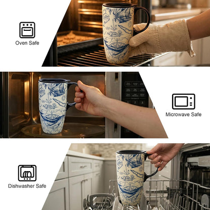 17oz Ceramic Travel Mug with Lid, Boho Floral Coffee Mug | Large Ceramic Coffee Mug • Terracotta Botanical Design • Comfortable Handle • Microwave & Dishwasher Safe • Gift Box
