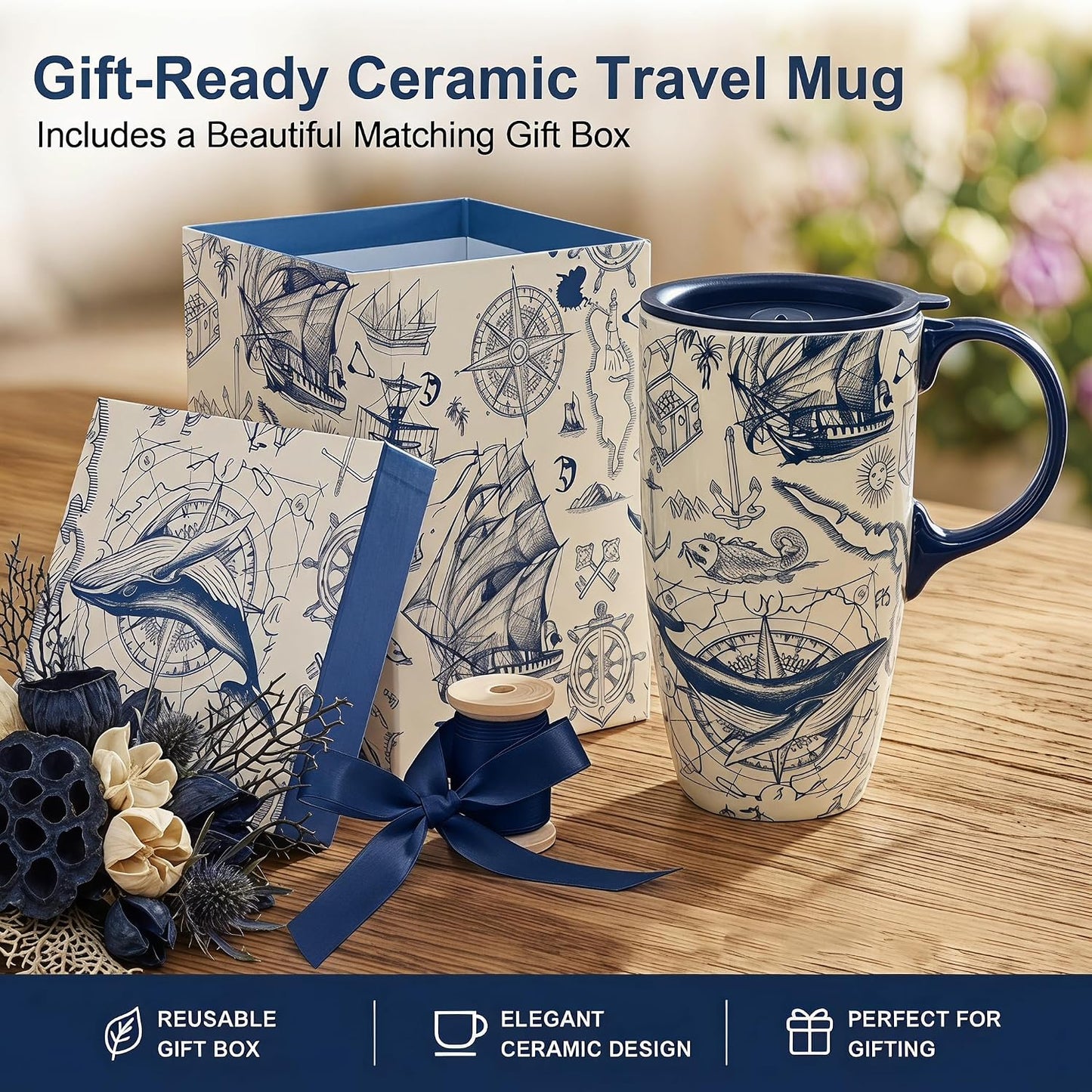 17oz Ceramic Travel Mug with Lid, Boho Floral Coffee Mug | Large Ceramic Coffee Mug • Terracotta Botanical Design • Comfortable Handle • Microwave & Dishwasher Safe • Gift Box