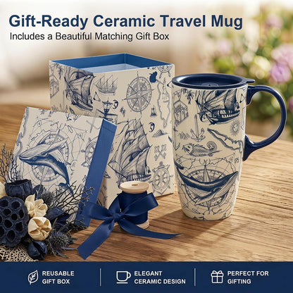 17oz Ceramic Travel Mug with Lid, Boho Floral Coffee Mug | Large Ceramic Coffee Mug • Terracotta Botanical Design • Comfortable Handle • Microwave & Dishwasher Safe • Gift Box