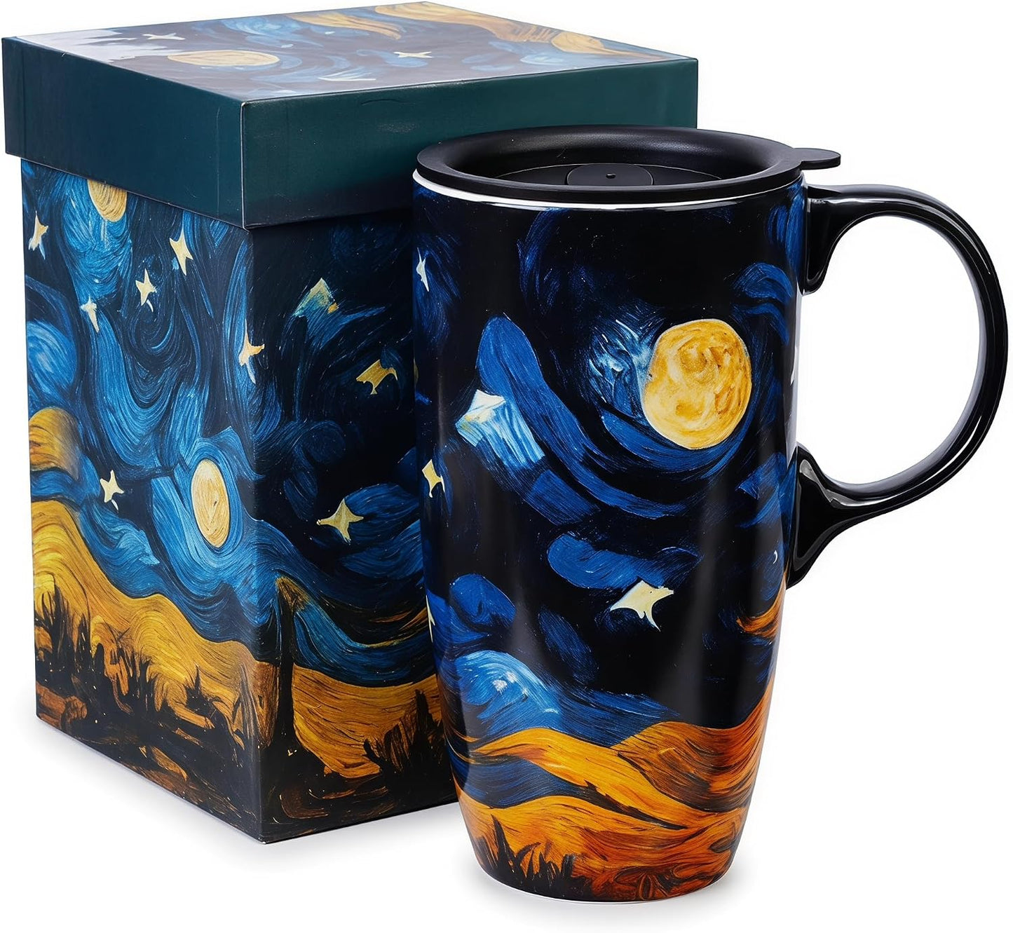 17oz Ceramic Travel Mug with Lid, Boho Floral Coffee Mug | Large Ceramic Coffee Mug • Terracotta Botanical Design • Comfortable Handle • Microwave & Dishwasher Safe • Gift Box