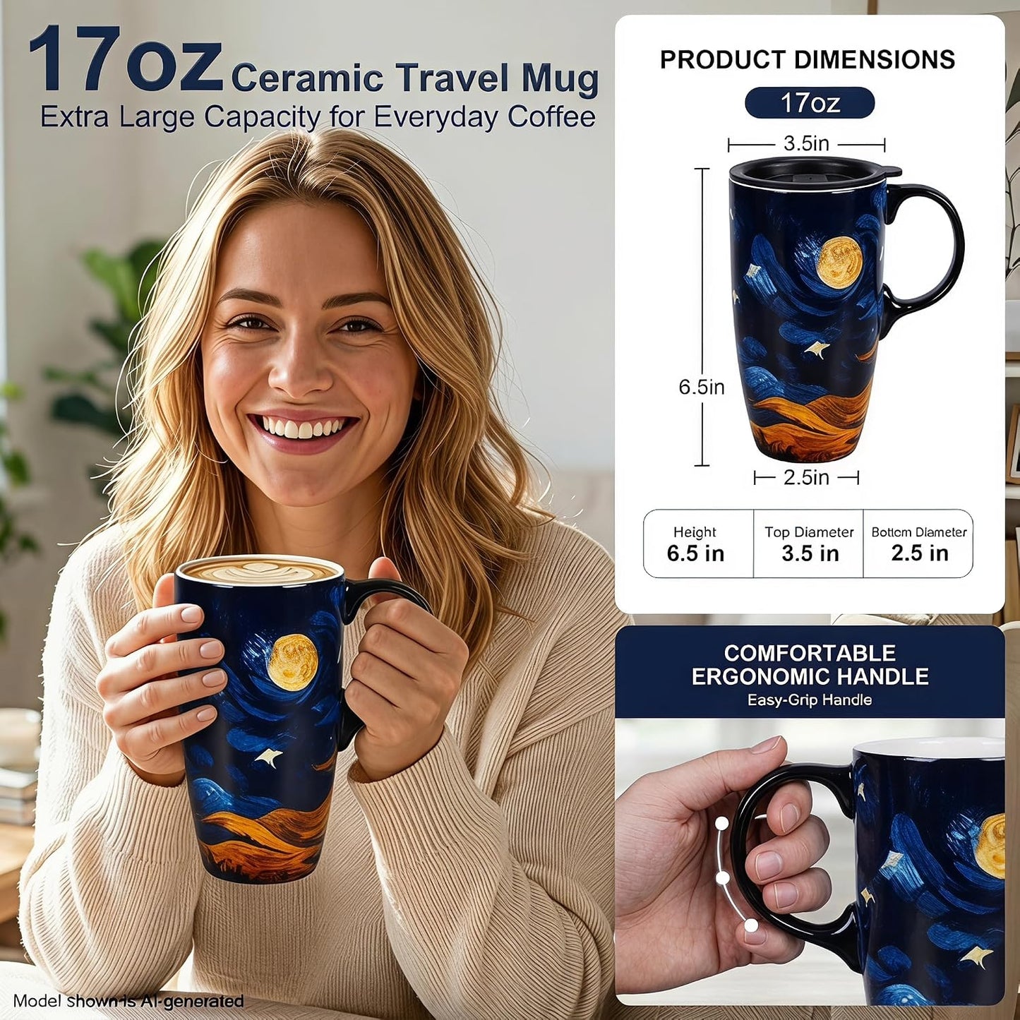 17oz Ceramic Travel Mug with Lid, Boho Floral Coffee Mug | Large Ceramic Coffee Mug • Terracotta Botanical Design • Comfortable Handle • Microwave & Dishwasher Safe • Gift Box
