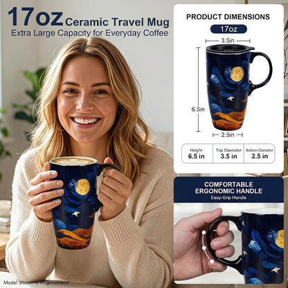 17oz Ceramic Travel Mug with Lid, Boho Floral Coffee Mug | Large Ceramic Coffee Mug • Terracotta Botanical Design • Comfortable Handle • Microwave & Dishwasher Safe • Gift Box