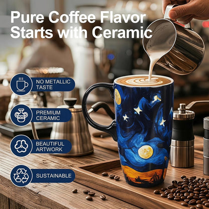 17oz Ceramic Travel Mug with Lid, Boho Floral Coffee Mug | Large Ceramic Coffee Mug • Terracotta Botanical Design • Comfortable Handle • Microwave & Dishwasher Safe • Gift Box