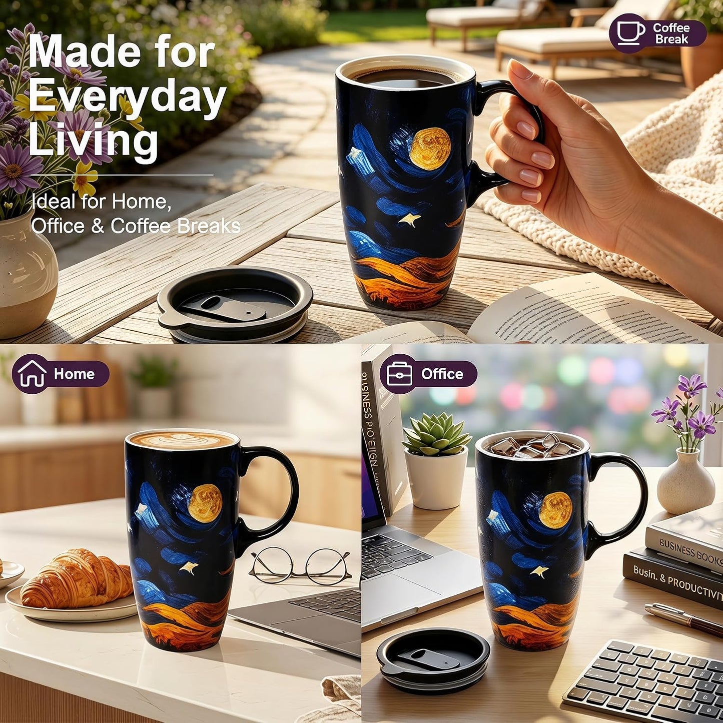 17oz Ceramic Travel Mug with Lid, Boho Floral Coffee Mug | Large Ceramic Coffee Mug • Terracotta Botanical Design • Comfortable Handle • Microwave & Dishwasher Safe • Gift Box