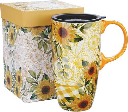 17oz Ceramic Travel Mug with Lid, Boho Floral Coffee Mug | Large Ceramic Coffee Mug • Terracotta Botanical Design • Comfortable Handle • Microwave & Dishwasher Safe • Gift Box