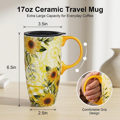 17oz Ceramic Travel Mug with Lid, Boho Floral Coffee Mug | Large Ceramic Coffee Mug • Terracotta Botanical Design • Comfortable Handle • Microwave & Dishwasher Safe • Gift Box