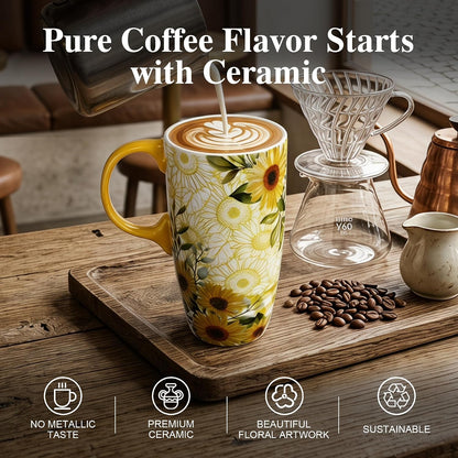 17oz Ceramic Travel Mug with Lid, Boho Floral Coffee Mug | Large Ceramic Coffee Mug • Terracotta Botanical Design • Comfortable Handle • Microwave & Dishwasher Safe • Gift Box
