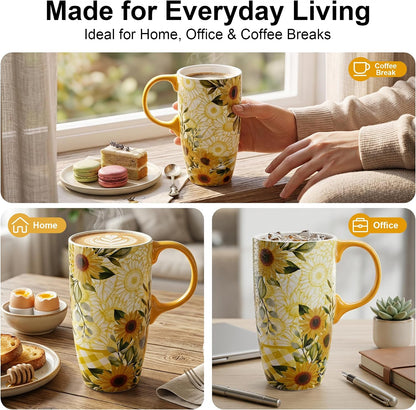 17oz Ceramic Travel Mug with Lid, Boho Floral Coffee Mug | Large Ceramic Coffee Mug • Terracotta Botanical Design • Comfortable Handle • Microwave & Dishwasher Safe • Gift Box