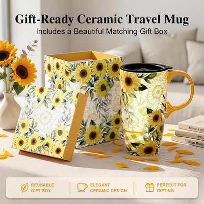 17oz Ceramic Travel Mug with Lid, Boho Floral Coffee Mug | Large Ceramic Coffee Mug • Terracotta Botanical Design • Comfortable Handle • Microwave & Dishwasher Safe • Gift Box