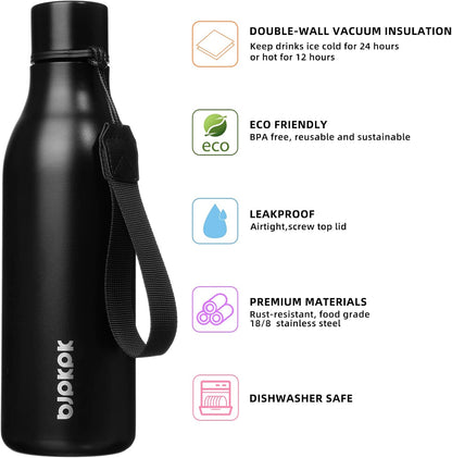 18oz Insulated Water Bottle, Stainless Steel Bottle with Carry Strap | Keep Cold & Hot Vacuum Insulation, Leak-Proof BPA-Free Design, Slim Bottle Fits Most Cup Holders for Gym, Office & Travel - Colors B