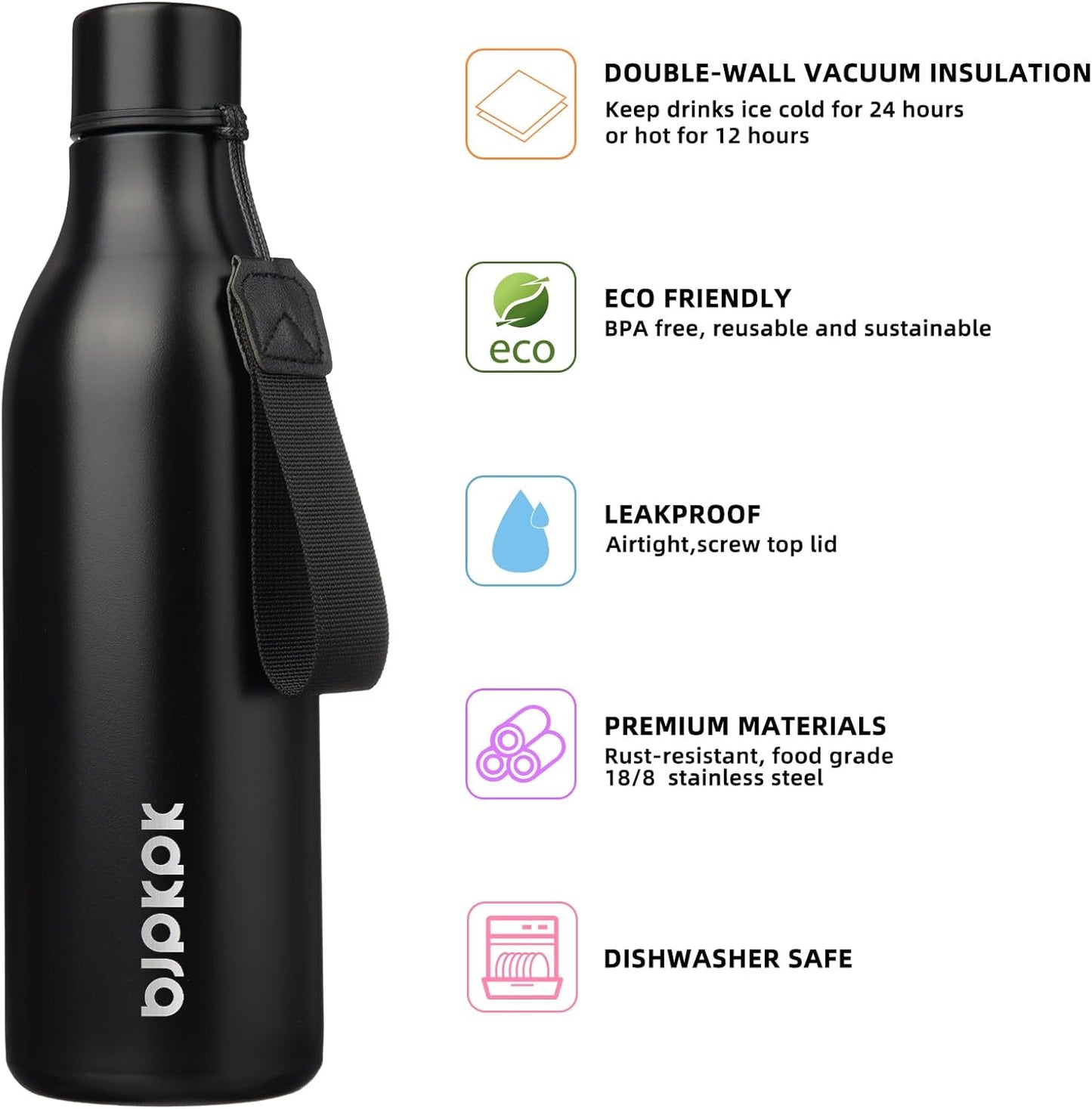 18oz Insulated Water Bottle, Stainless Steel Bottle with Carry Strap | Keep Cold & Hot Vacuum Insulation, Leak-Proof BPA-Free Design, Slim Bottle Fits Most Cup Holders for Gym, Office & Travel - Colors B
