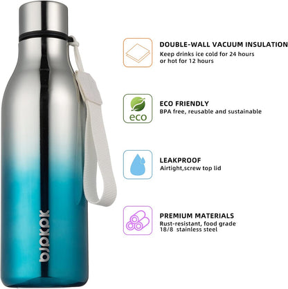 18oz Insulated Water Bottle, Stainless Steel Bottle with Carry Strap | Keep Cold & Hot Vacuum Insulation, Leak-Proof BPA-Free Design, Slim Bottle Fits Most Cup Holders for Gym, Office & Travel - Colors B
