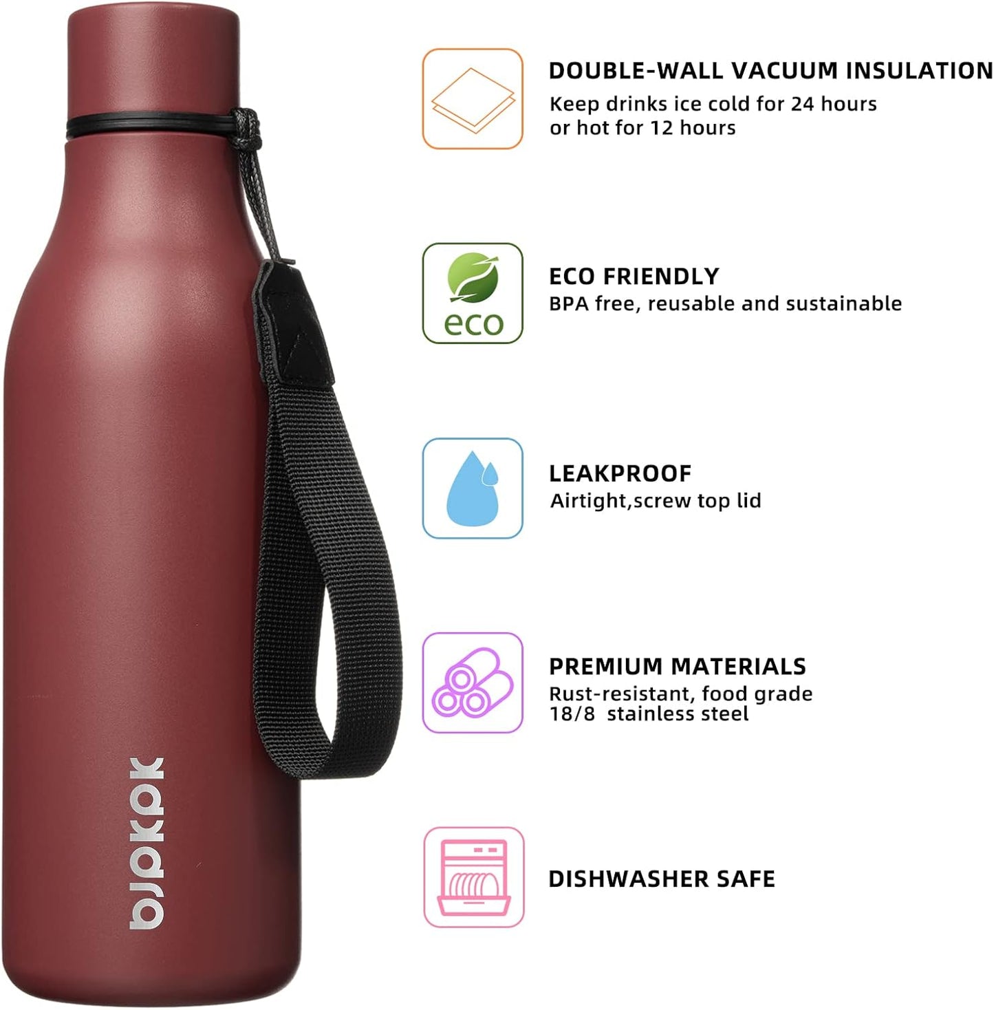 18oz Insulated Water Bottle, Stainless Steel Bottle with Carry Strap | Keep Cold & Hot Vacuum Insulation, Leak-Proof BPA-Free Design, Slim Bottle Fits Most Cup Holders for Gym, Office & Travel - Colors B