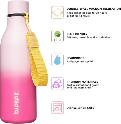 18oz Insulated Water Bottle, Stainless Steel Bottle with Carry Strap | Keep Cold & Hot Vacuum Insulation, Leak-Proof BPA-Free Design, Slim Bottle Fits Most Cup Holders for Gym, Office & Travel - Colors B