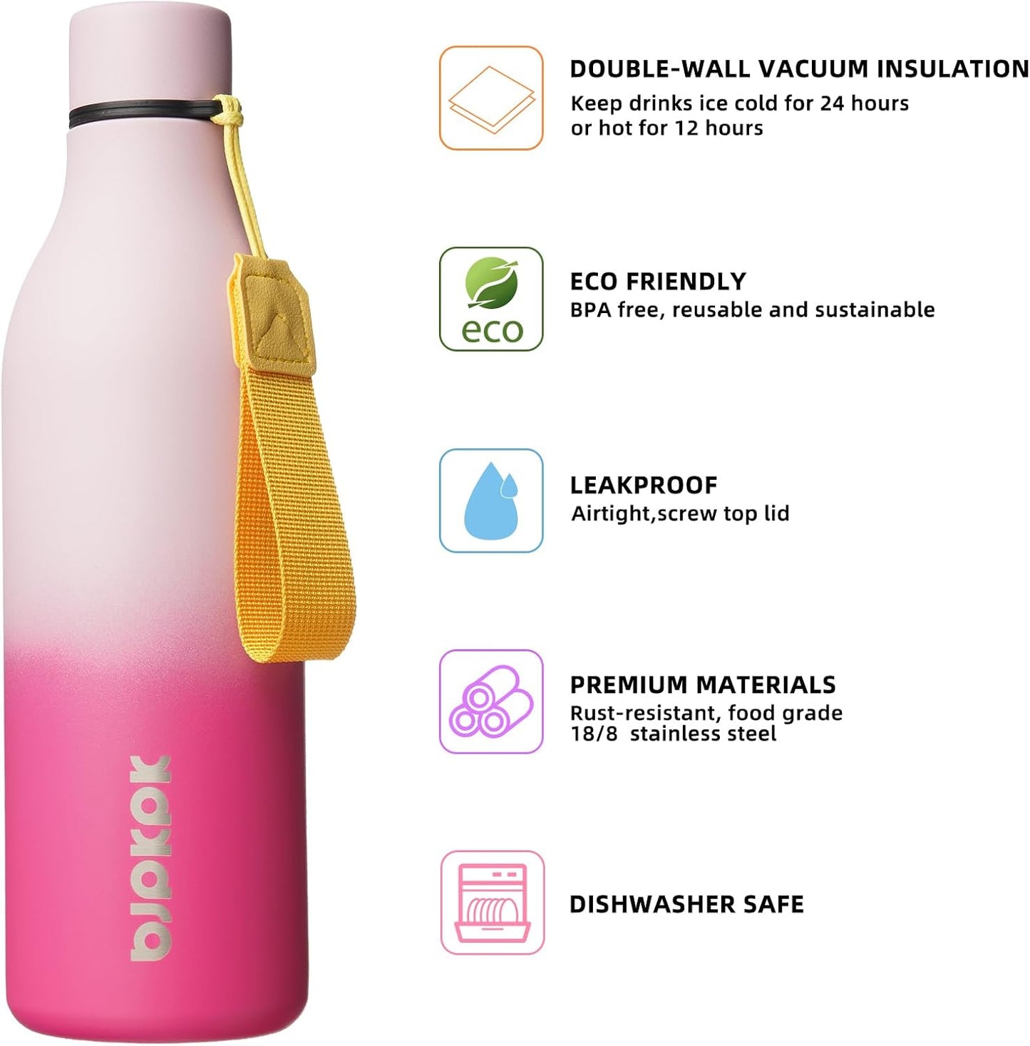 18oz Insulated Water Bottle, Stainless Steel Bottle with Carry Strap | Keep Cold & Hot Vacuum Insulation, Leak-Proof BPA-Free Design, Slim Bottle Fits Most Cup Holders for Gym, Office & Travel - Colors B