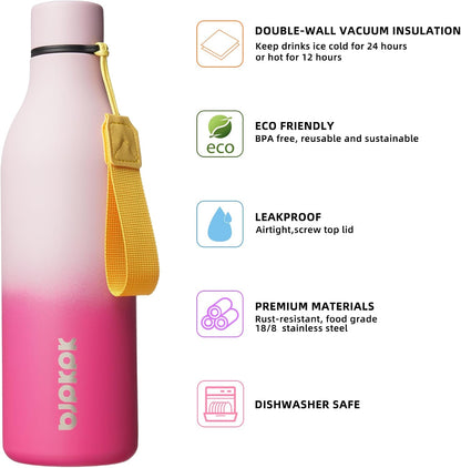 18oz Insulated Water Bottle, Stainless Steel Bottle with Carry Strap | Keep Cold & Hot Vacuum Insulation, Leak-Proof BPA-Free Design, Slim Bottle Fits Most Cup Holders for Gym, Office & Travel - Colors B