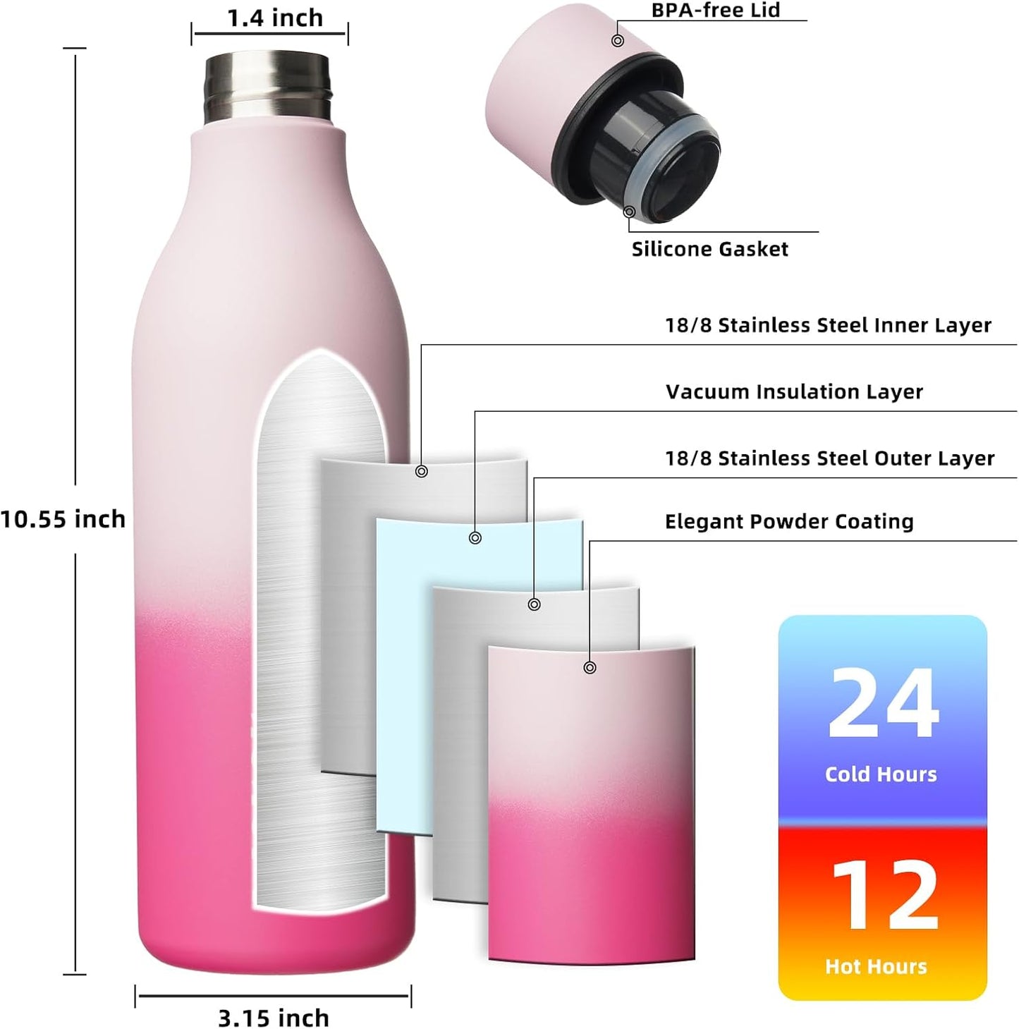 18oz Insulated Water Bottle, Stainless Steel Bottle with Carry Strap | Keep Cold & Hot Vacuum Insulation, Leak-Proof BPA-Free Design, Slim Bottle Fits Most Cup Holders for Gym, Office & Travel - Colors B