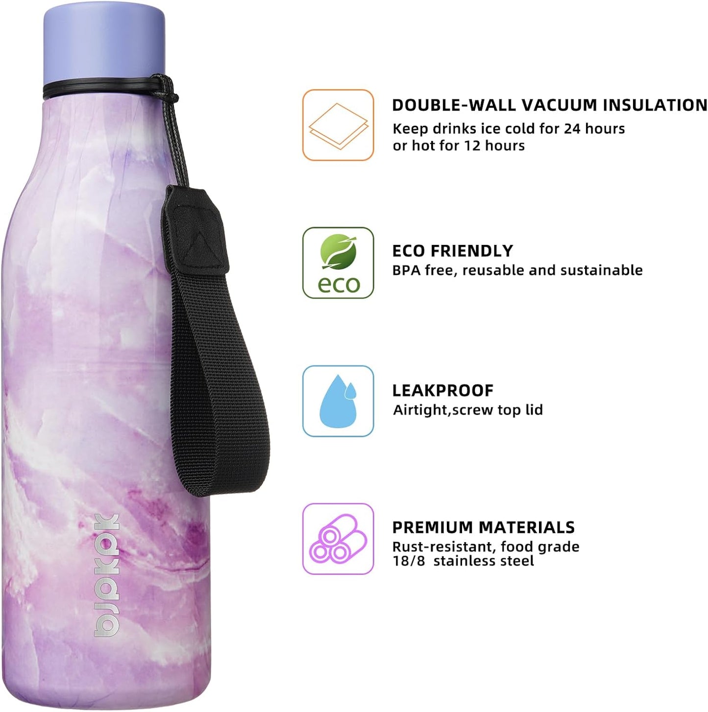 18oz Insulated Water Bottle, Stainless Steel Bottle with Carry Strap | Keep Cold & Hot Vacuum Insulation, Leak-Proof BPA-Free Design, Slim Bottle Fits Most Cup Holders for Gym, Office & Travel - Colors B