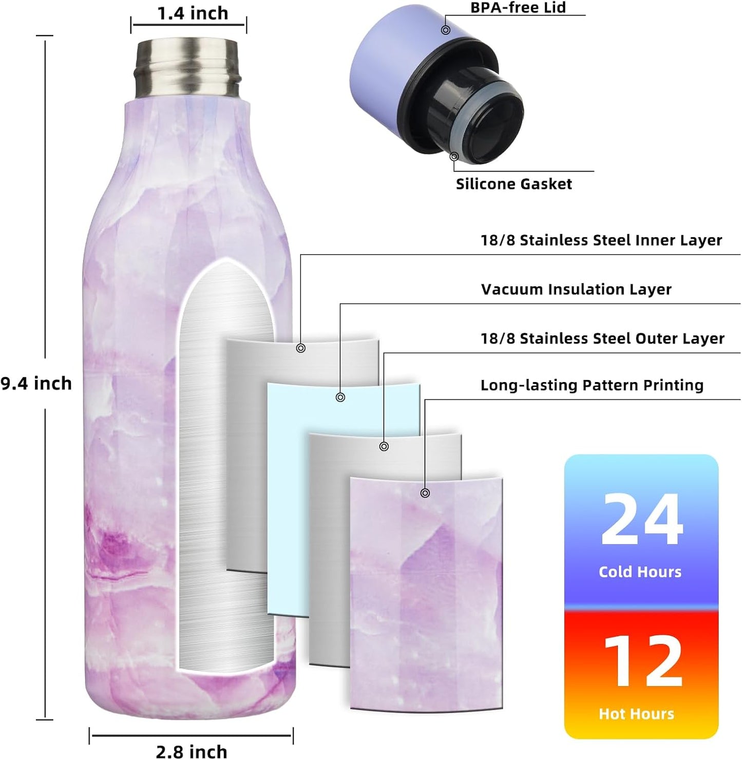 18oz Insulated Water Bottle, Stainless Steel Bottle with Carry Strap | Keep Cold & Hot Vacuum Insulation, Leak-Proof BPA-Free Design, Slim Bottle Fits Most Cup Holders for Gym, Office & Travel - Colors B