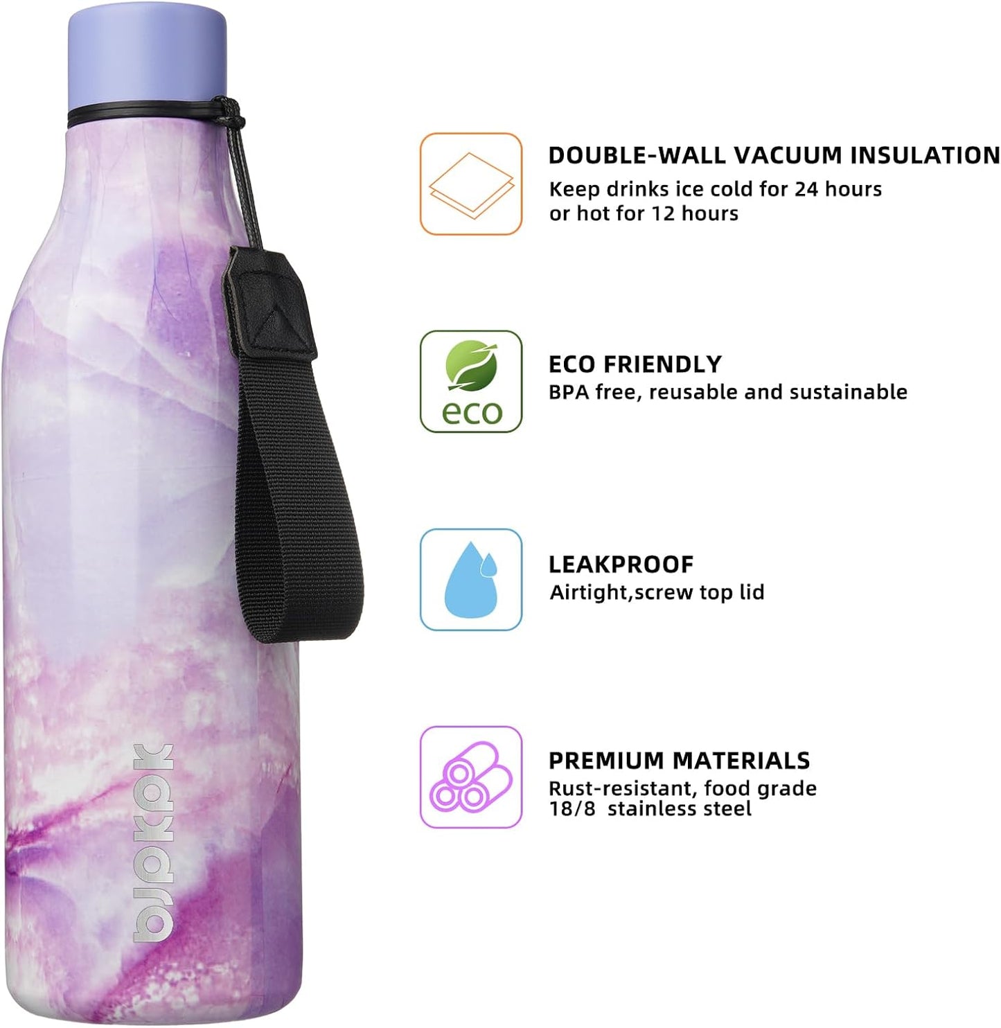 18oz Insulated Water Bottle, Stainless Steel Bottle with Carry Strap | Keep Cold & Hot Vacuum Insulation, Leak-Proof BPA-Free Design, Slim Bottle Fits Most Cup Holders for Gym, Office & Travel - Colors B