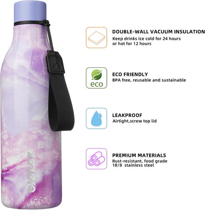 18oz Insulated Water Bottle, Stainless Steel Bottle with Carry Strap | Keep Cold & Hot Vacuum Insulation, Leak-Proof BPA-Free Design, Slim Bottle Fits Most Cup Holders for Gym, Office & Travel - Colors B