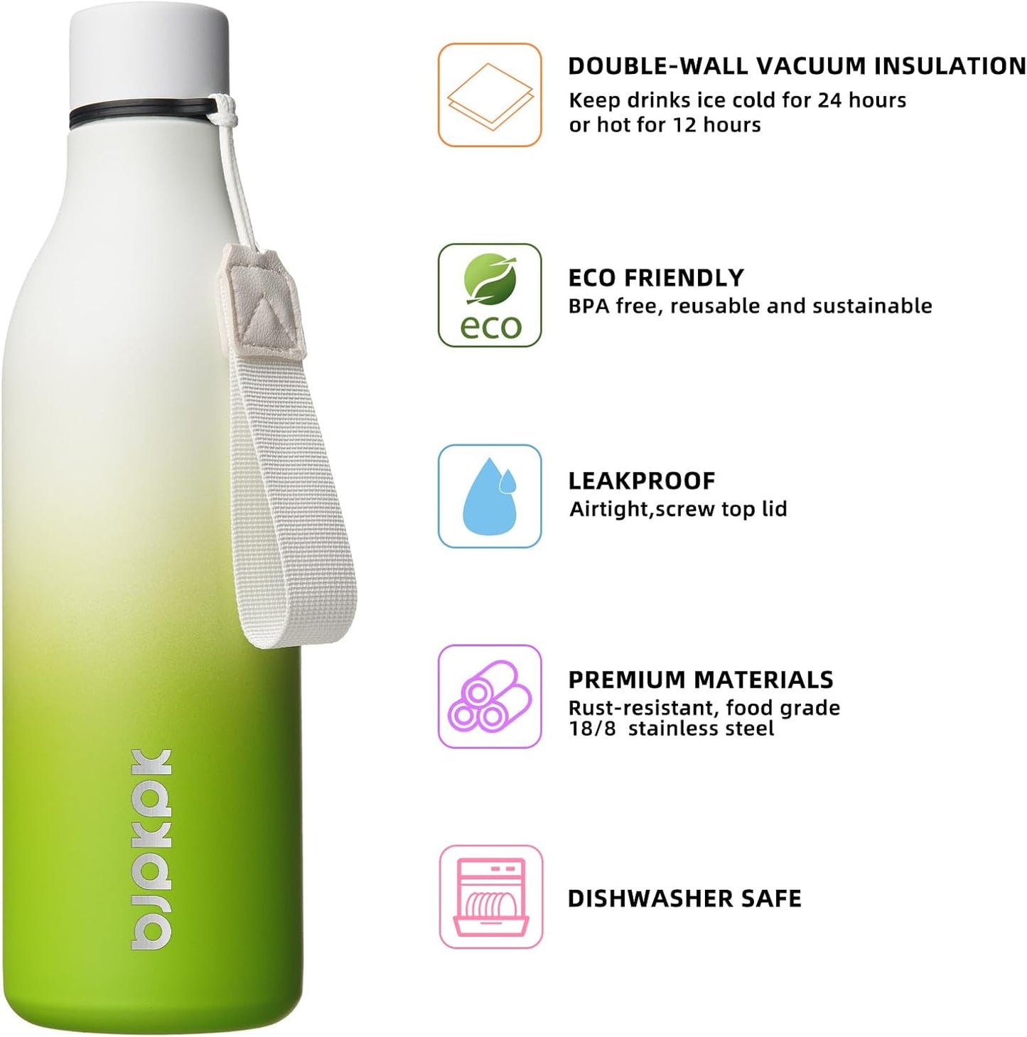 18oz Insulated Water Bottle, Stainless Steel Bottle with Carry Strap | Keep Cold & Hot Vacuum Insulation, Leak-Proof BPA-Free Design, Slim Bottle Fits Most Cup Holders for Gym, Office & Travel - Colors B