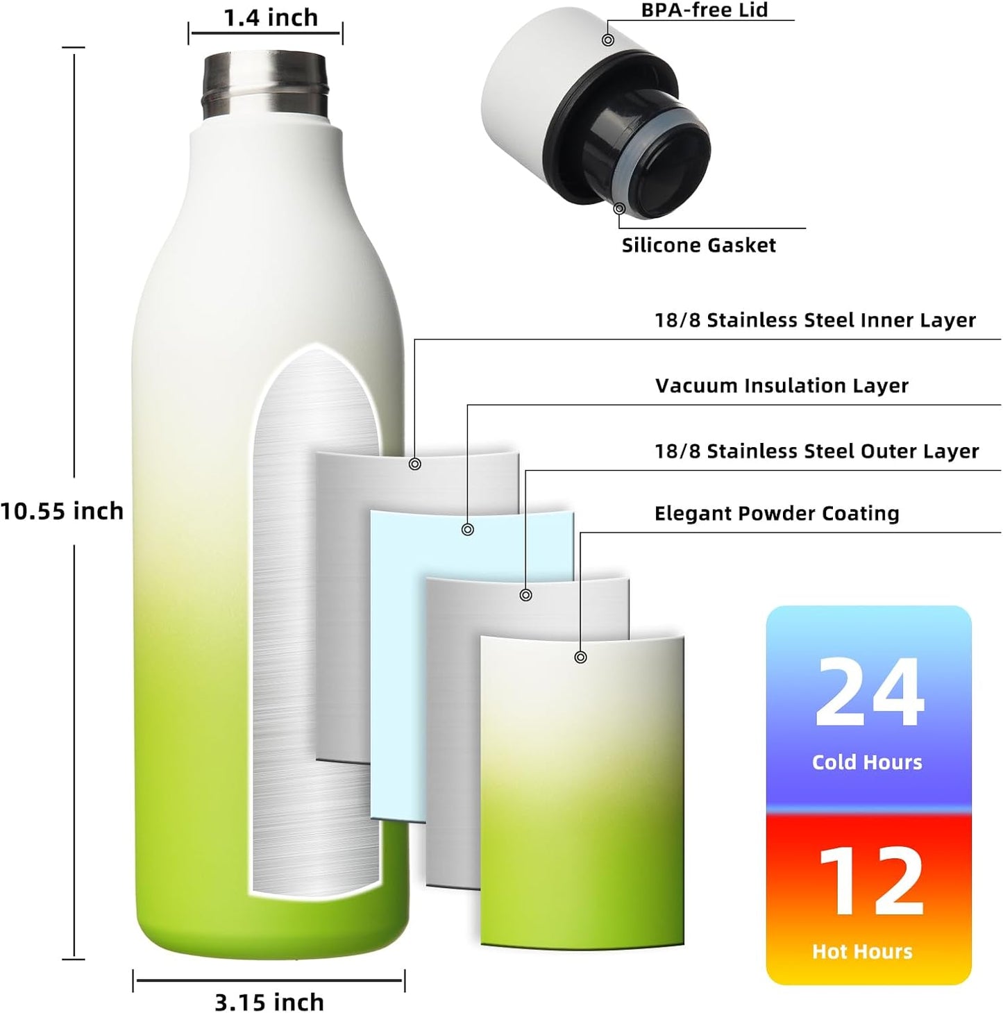 18oz Insulated Water Bottle, Stainless Steel Bottle with Carry Strap | Keep Cold & Hot Vacuum Insulation, Leak-Proof BPA-Free Design, Slim Bottle Fits Most Cup Holders for Gym, Office & Travel - Colors B