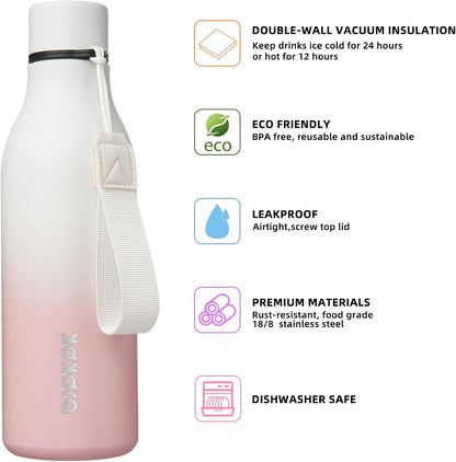 18oz Insulated Water Bottle, Stainless Steel Bottle with Carry Strap | Keep Cold & Hot Vacuum Insulation, Leak-Proof BPA-Free Design, Slim Bottle Fits Most Cup Holders for Gym, Office & Travel - Colors B
