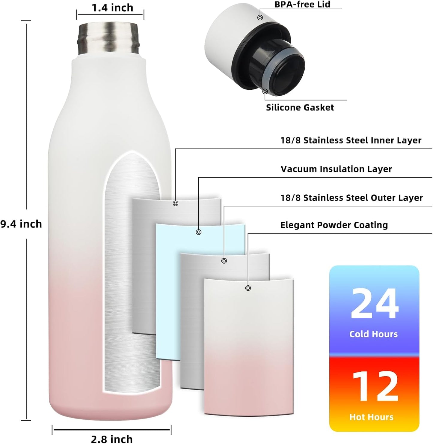18oz Insulated Water Bottle, Stainless Steel Bottle with Carry Strap | Keep Cold & Hot Vacuum Insulation, Leak-Proof BPA-Free Design, Slim Bottle Fits Most Cup Holders for Gym, Office & Travel - Colors B
