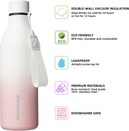 18oz Insulated Water Bottle, Stainless Steel Bottle with Carry Strap | Keep Cold & Hot Vacuum Insulation, Leak-Proof BPA-Free Design, Slim Bottle Fits Most Cup Holders for Gym, Office & Travel - Colors B