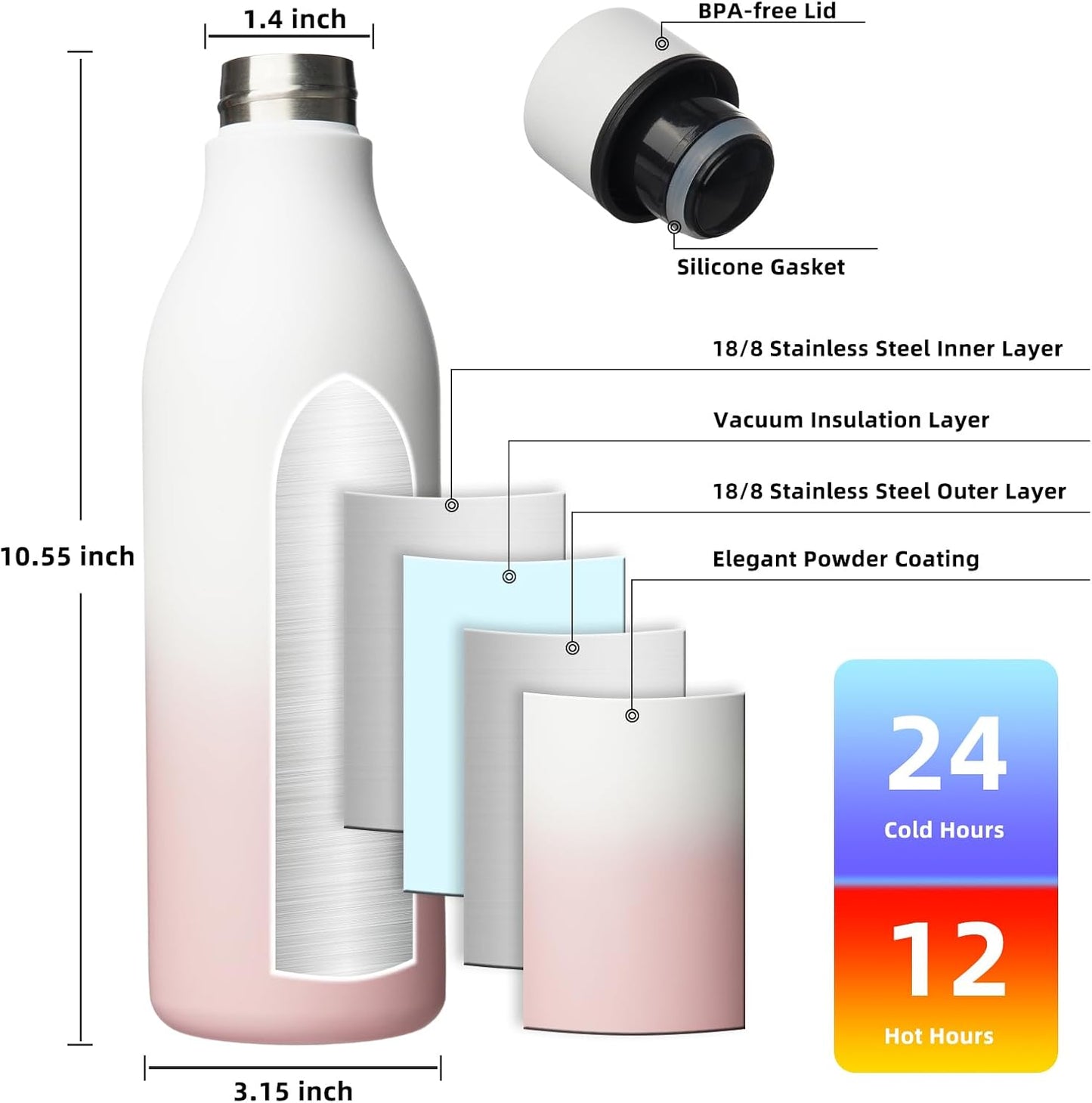 18oz Insulated Water Bottle, Stainless Steel Bottle with Carry Strap | Keep Cold & Hot Vacuum Insulation, Leak-Proof BPA-Free Design, Slim Bottle Fits Most Cup Holders for Gym, Office & Travel - Colors B