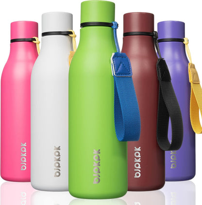 18oz Insulated Water Bottle, Stainless Steel Bottle with Carry Strap | Keep Cold & Hot Vacuum Insulation, Leak-Proof BPA-Free Design, Slim Bottle Fits Most Cup Holders for Gym, Office & Travel - Colors B