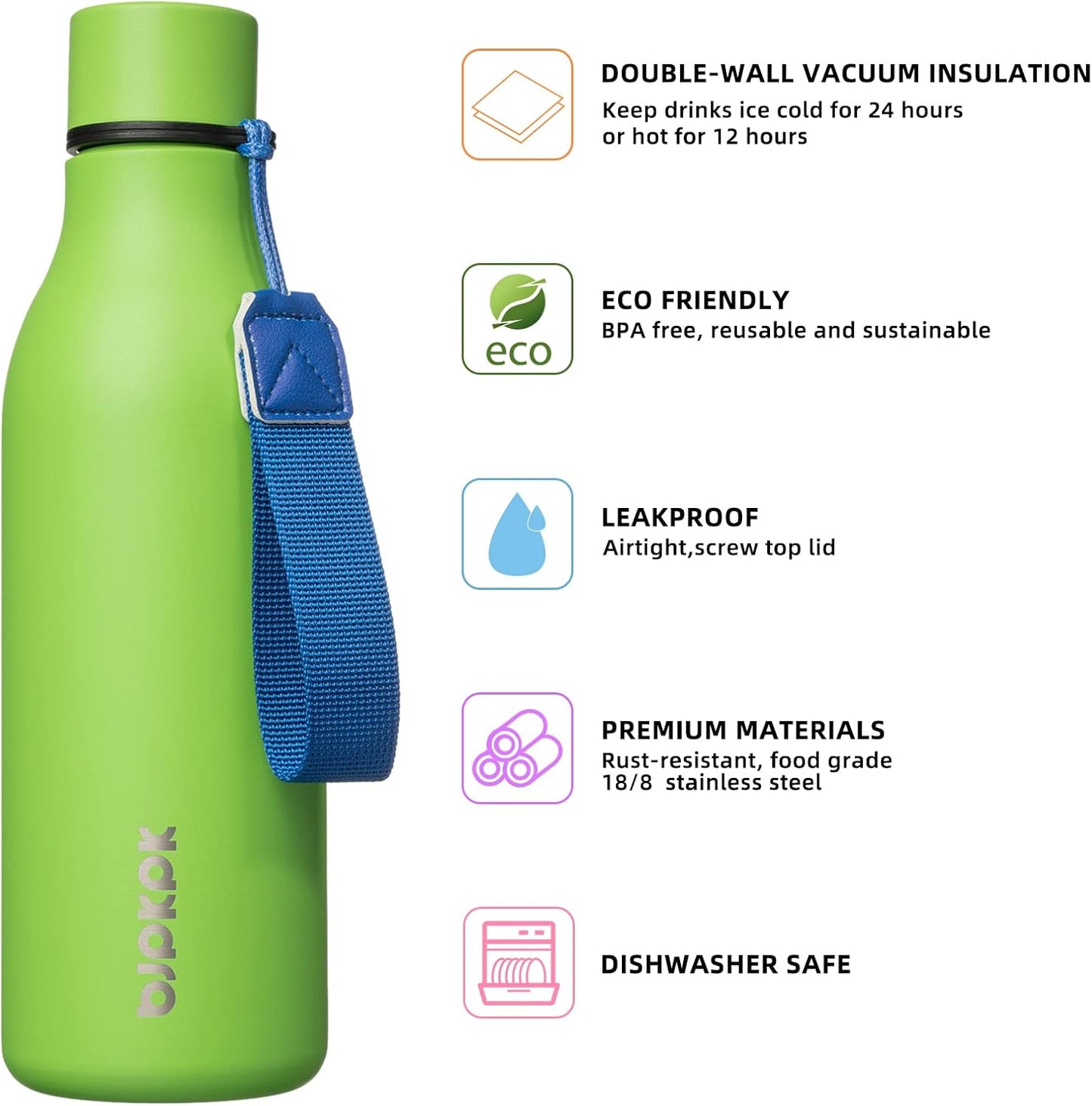 18oz Insulated Water Bottle, Stainless Steel Bottle with Carry Strap | Keep Cold & Hot Vacuum Insulation, Leak-Proof BPA-Free Design, Slim Bottle Fits Most Cup Holders for Gym, Office & Travel - Colors B
