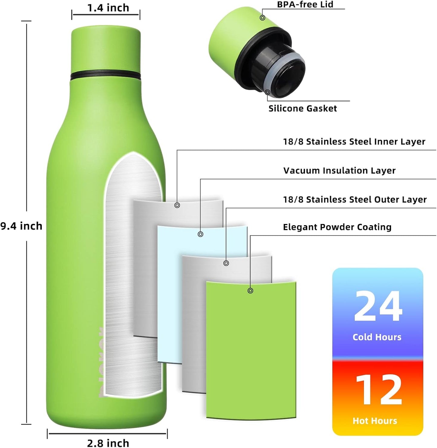 18oz Insulated Water Bottle, Stainless Steel Bottle with Carry Strap | Keep Cold & Hot Vacuum Insulation, Leak-Proof BPA-Free Design, Slim Bottle Fits Most Cup Holders for Gym, Office & Travel - Colors B