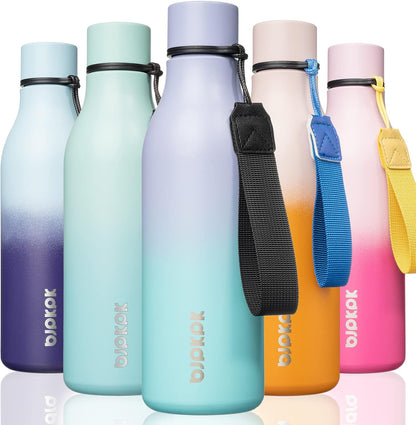 18oz Insulated Water Bottle, Stainless Steel Bottle with Carry Strap | Keep Cold & Hot Vacuum Insulation, Leak-Proof BPA-Free Design, Slim Bottle Fits Most Cup Holders for Gym, Office & Travel - Colors B