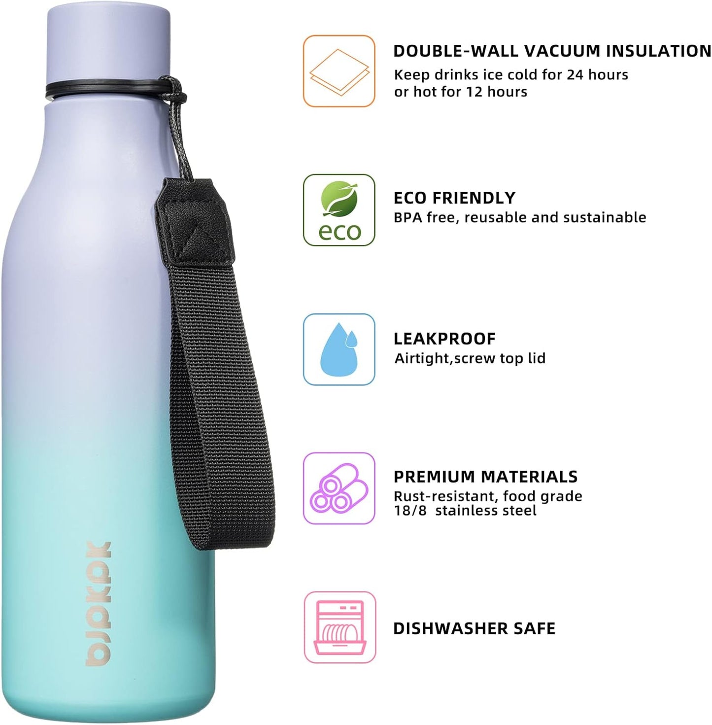 18oz Insulated Water Bottle, Stainless Steel Bottle with Carry Strap | Keep Cold & Hot Vacuum Insulation, Leak-Proof BPA-Free Design, Slim Bottle Fits Most Cup Holders for Gym, Office & Travel - Colors B